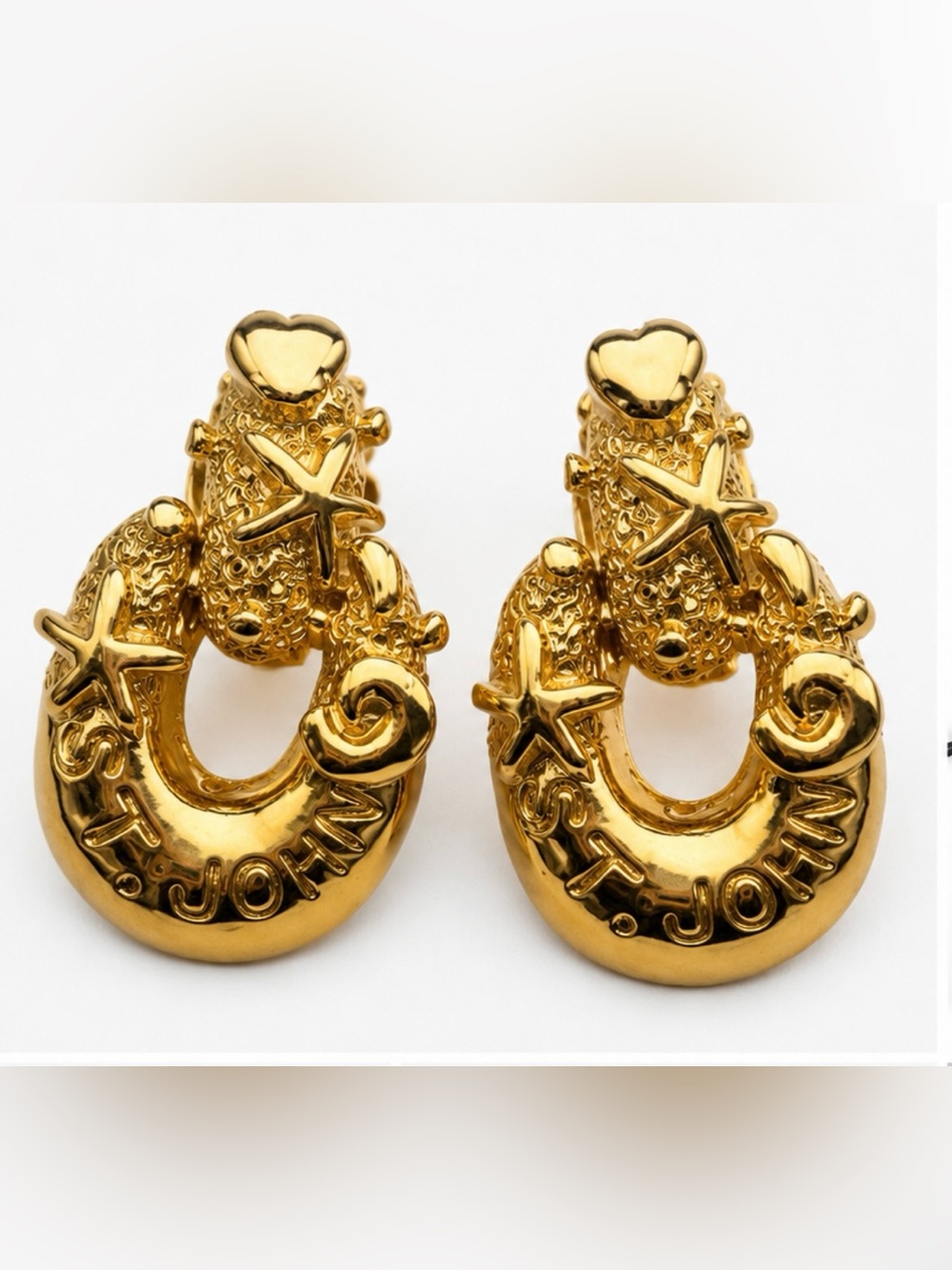 St. John Gold Tone Starfish Seashell Clip Earrings Coastal Nautical